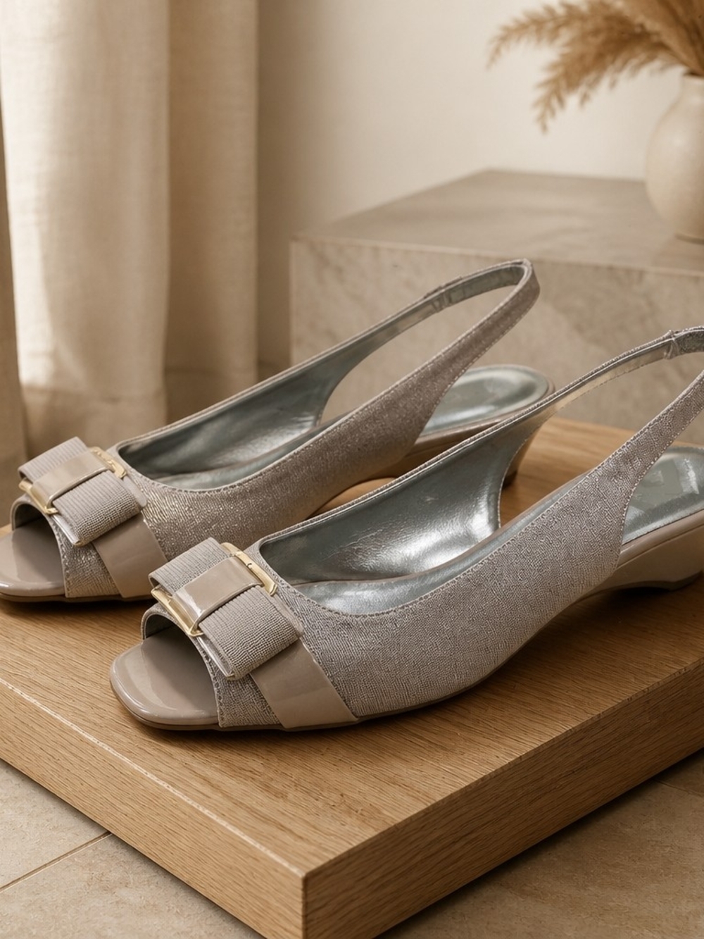 Anne Klein Taupe Slingback Peep-Toe Heels with Bow Accent